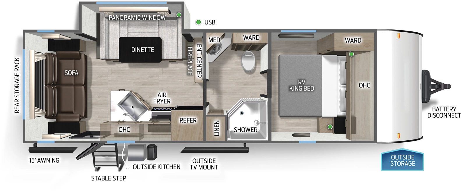 The Cascade 23MKC floorplan has one entry and one slide out. Exterior features include: metal exterior, 15' awning and outside kitchen. Interiors features include: u-dinette, front bedroom, front living and pass through bathroom.